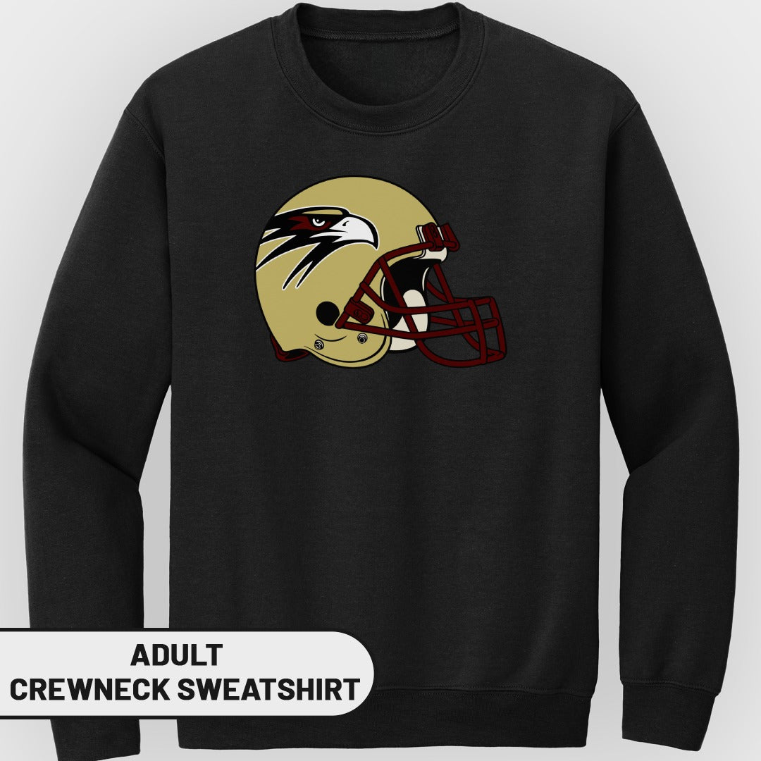 Black adult crewneck sweatshirt featuring a gold football helmet with an eagle logo.
