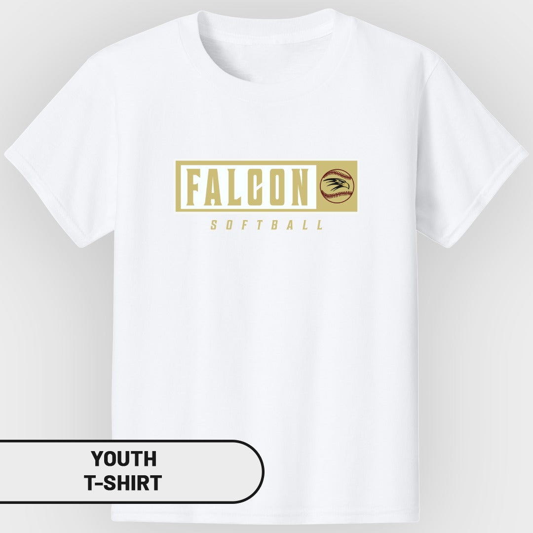 White youth t-shirt with "FALCON SOFTBALL" text and a softball logo.