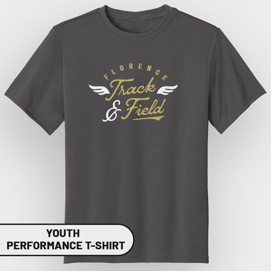 Youth performance t-shirt with Florence Track & Field graphic.
