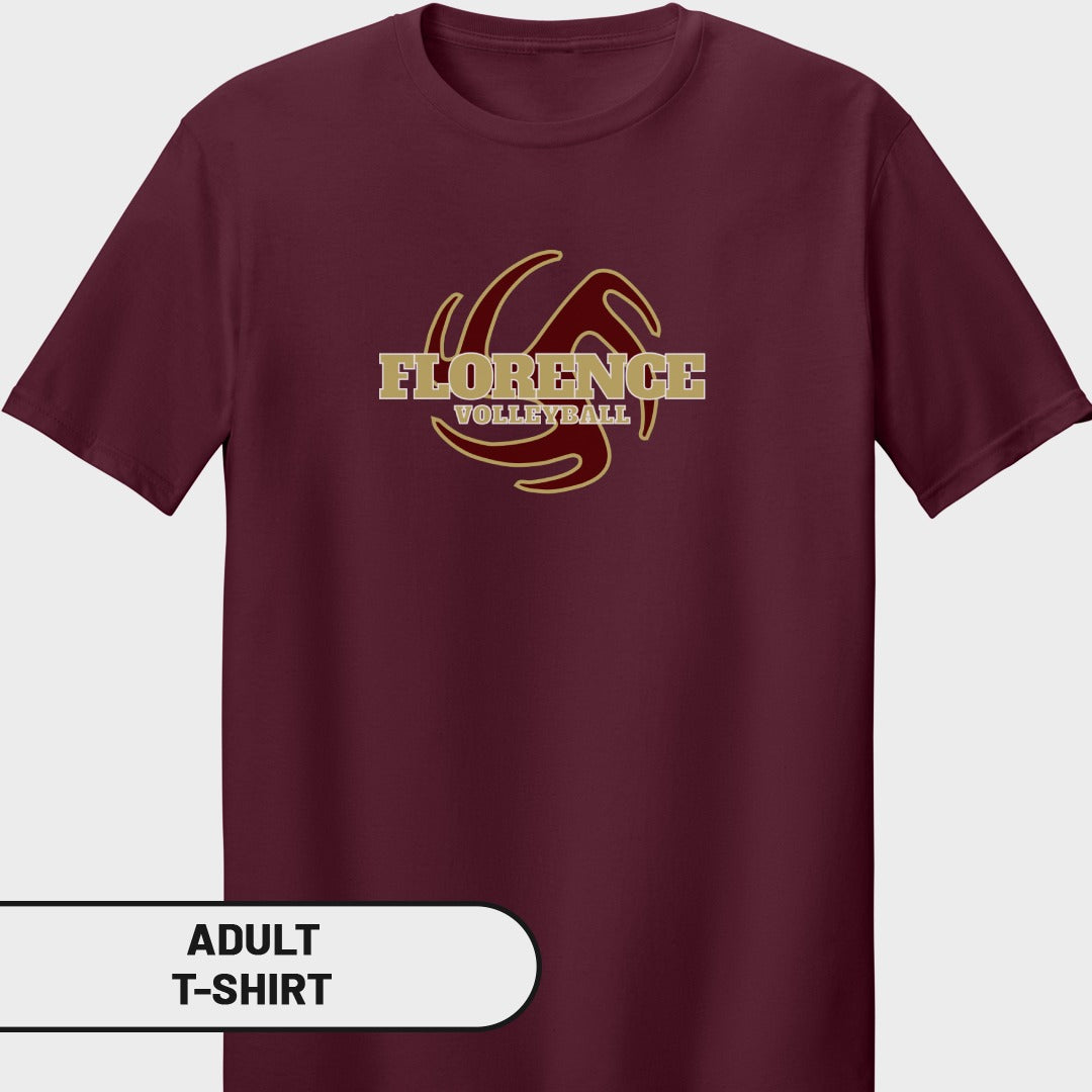Maroon adult t-shirt with "Florence Volleyball" text and logo.