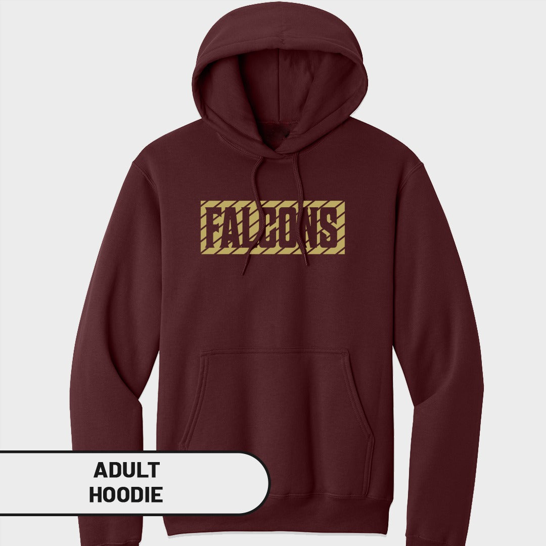 Maroon adult hoodie with "FALCONS" text in gold striped box