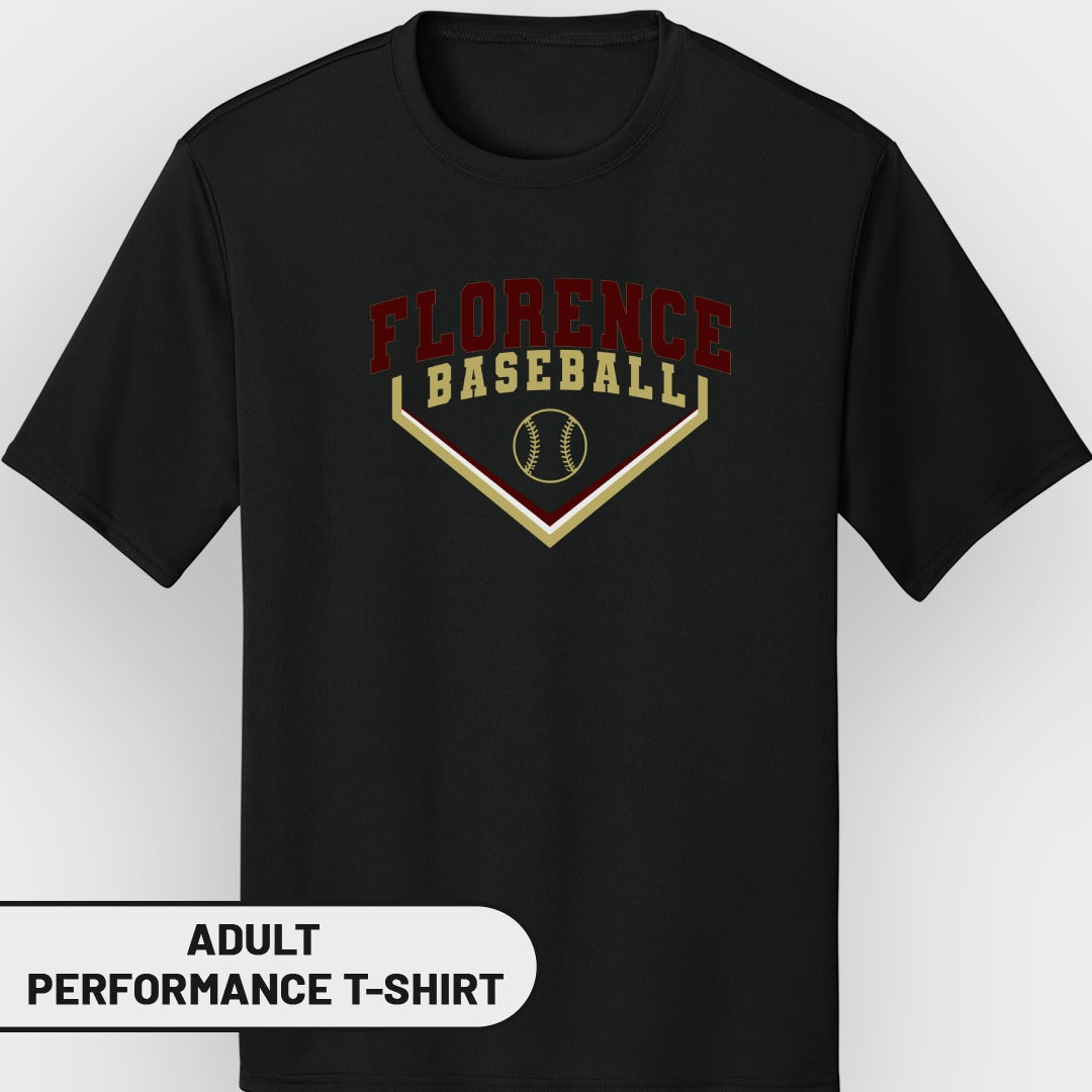 Black adult performance t-shirt with "Florence Baseball" text and baseball graphic.