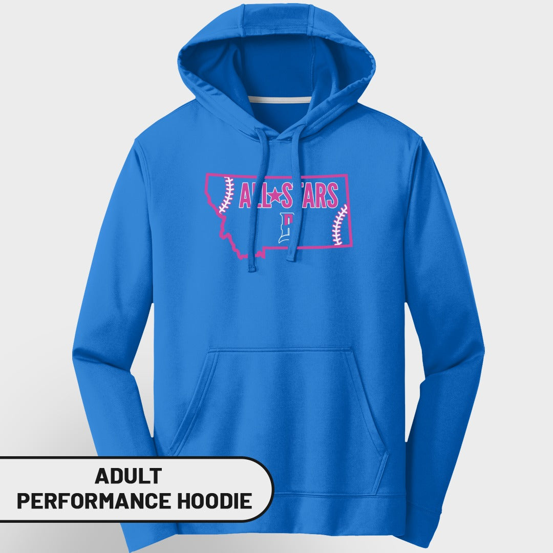 Blue adult performance hoodie with "All Stars" text and Montana outline graphic.