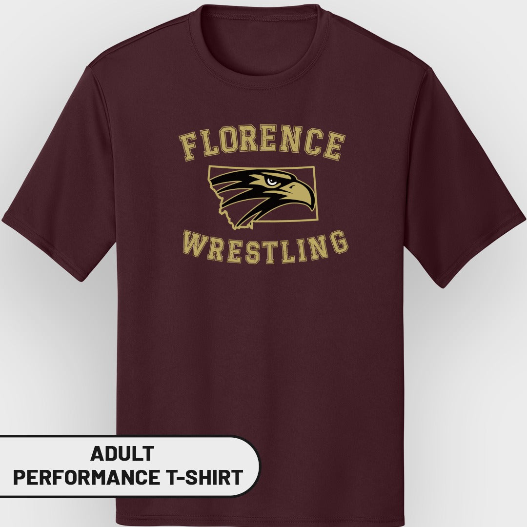 Maroon adult performance t-shirt with Florence Wrestling logo featuring an eagle head.