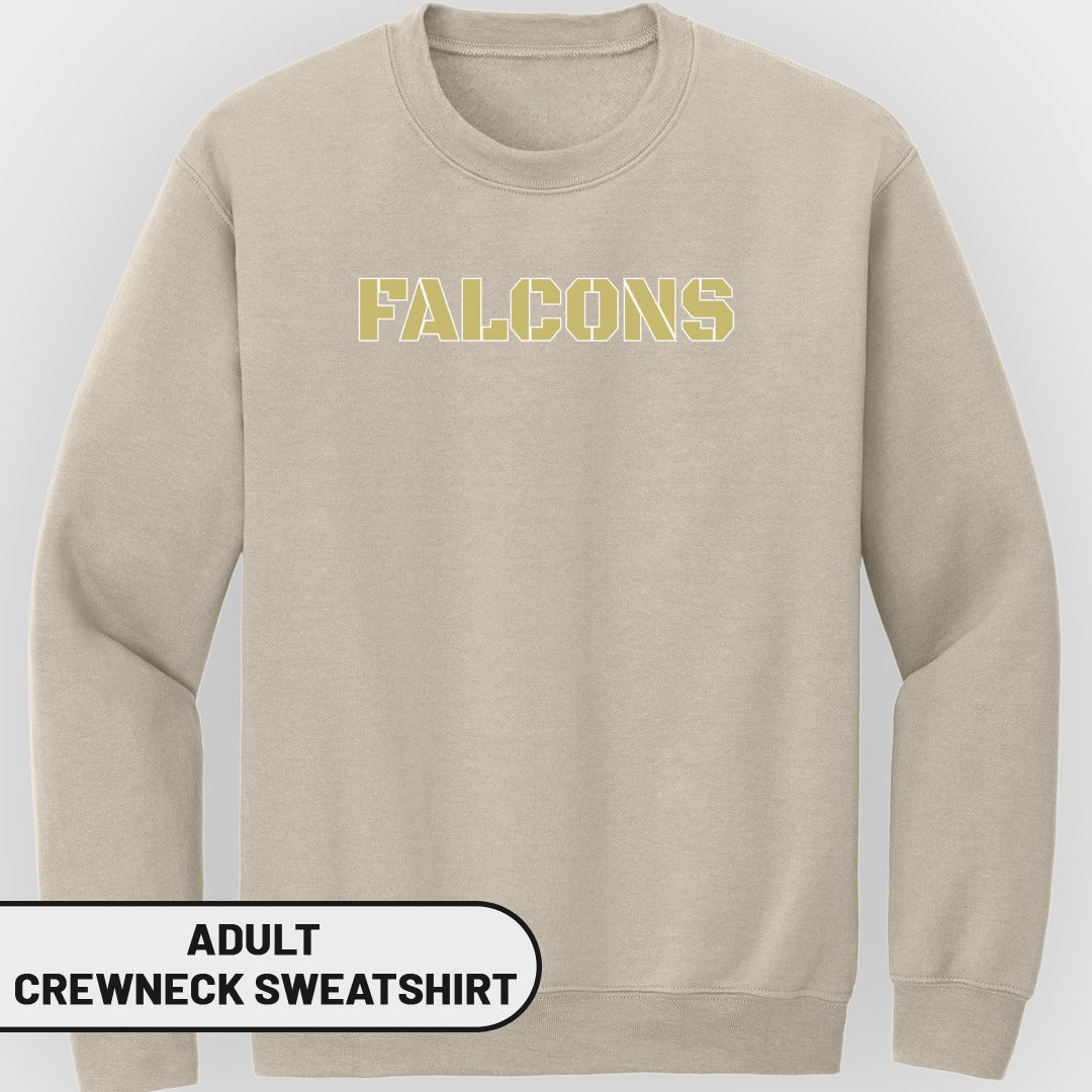 Adult tan crewneck sweatshirt with gold "FALCONS" graphic.