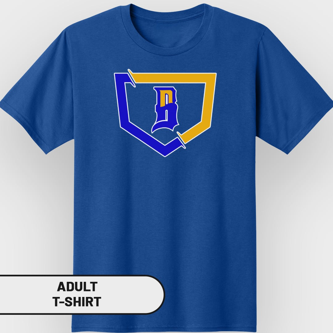 Blue t-shirt with a yellow and blue shield logo with a white "B" inside.