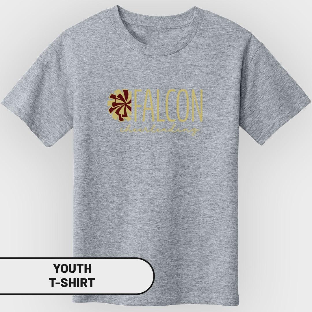 Grey youth t-shirt with gold "FALCON cheerleading" text and a maroon and gold pom.