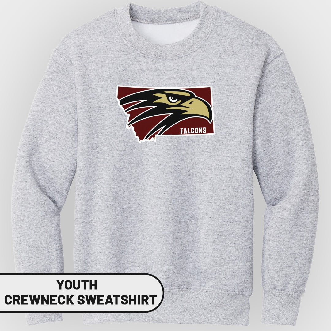 Youth crewneck sweatshirt with a Montana outline and a falcon logo.
