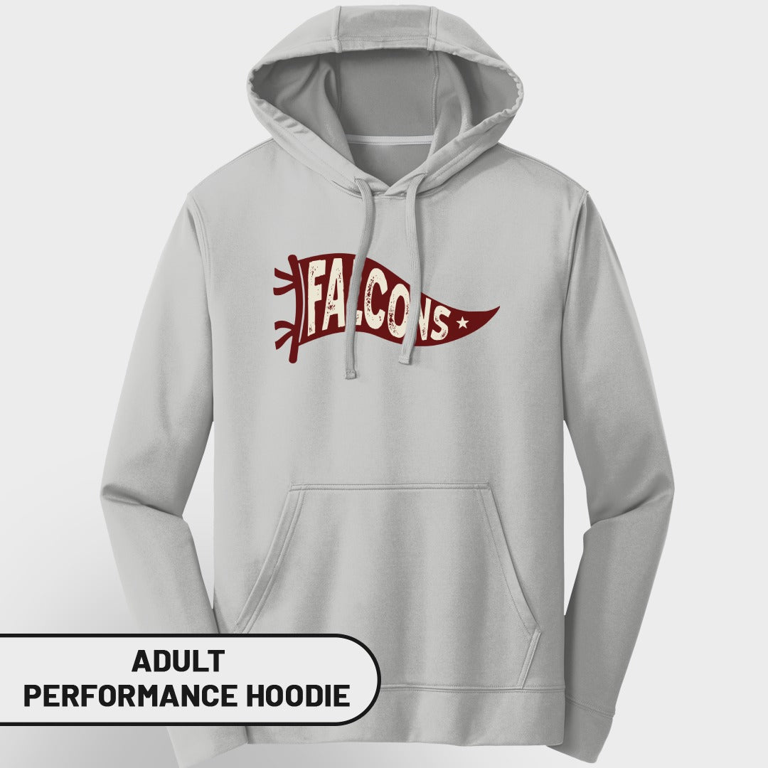 Light gray adult performance hoodie with maroon "FALCONS" banner graphic.