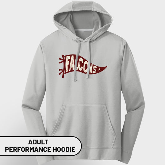 Light gray adult performance hoodie with maroon "FALCONS" banner graphic.