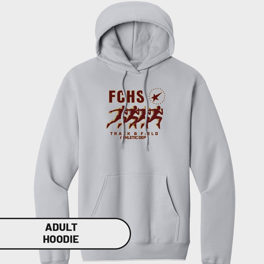 Light grey adult hoodie with "FCHS TRACK & FIELD ATHLETIC DEP" and runner graphics.