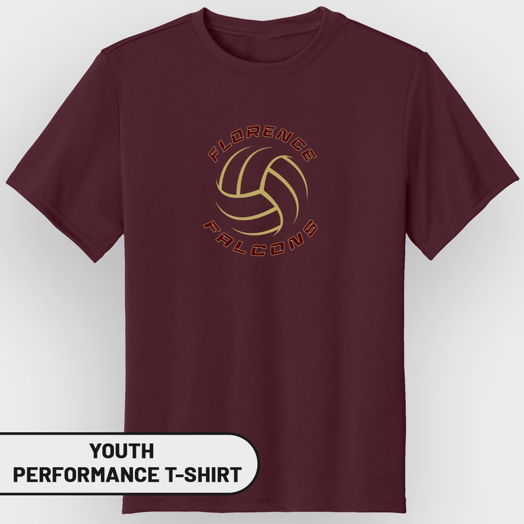 Maroon youth performance t-shirt with Florence Falcons volleyball logo.