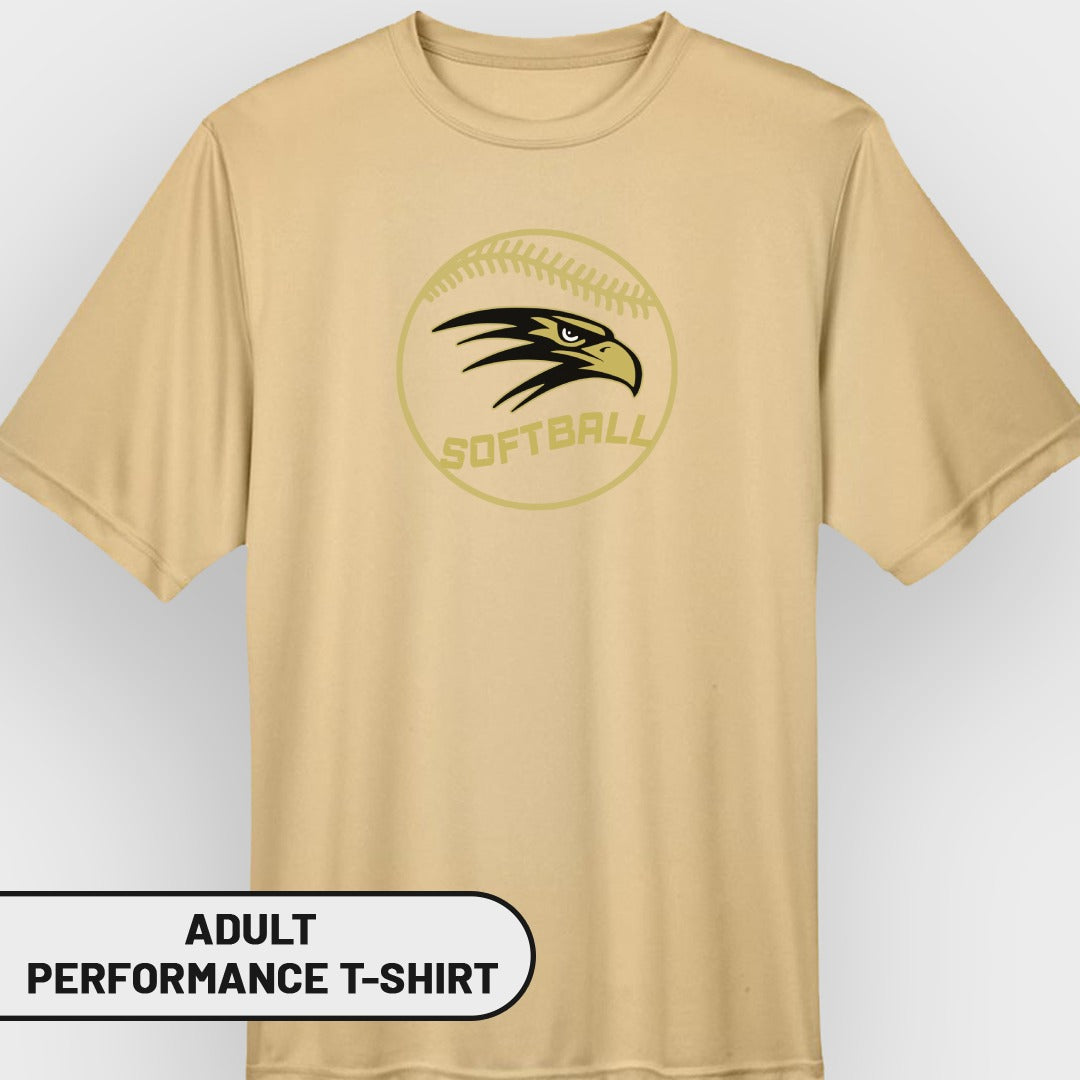 Tan adult performance t-shirt with a softball and eagle graphic.