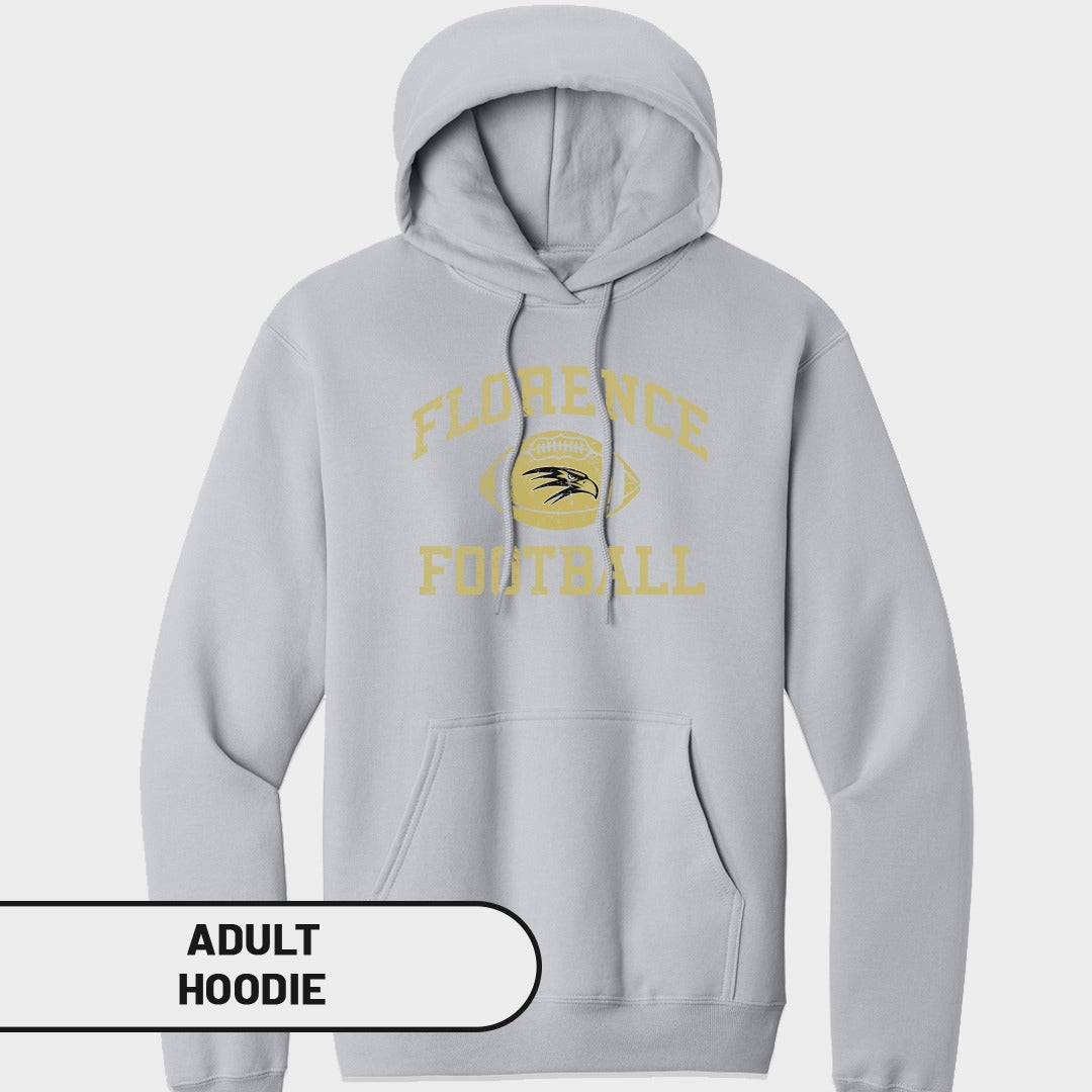 Light grey adult hoodie with "FLORENCE FOOTBALL" and eagle graphic.
