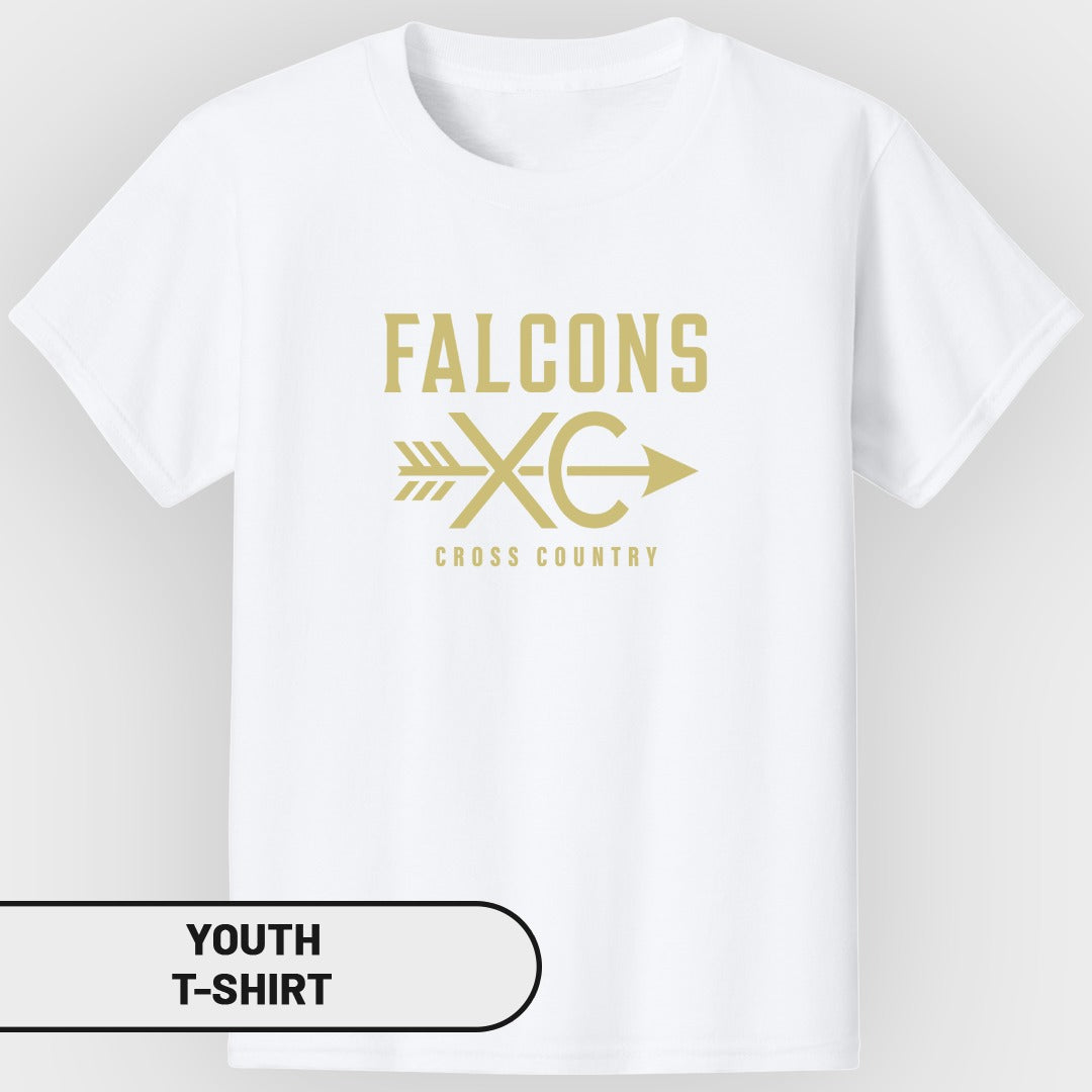 White youth t-shirt with gold "FALCONS XC CROSS COUNTRY" text and arrow graphic.