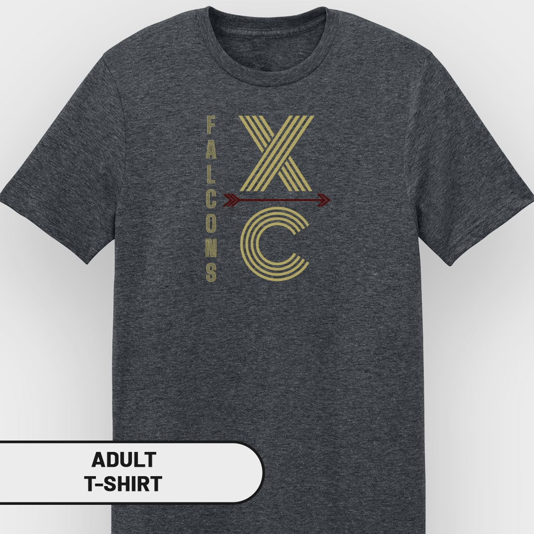 Adult charcoal t-shirt with "FALCONS XC" graphic and arrow.