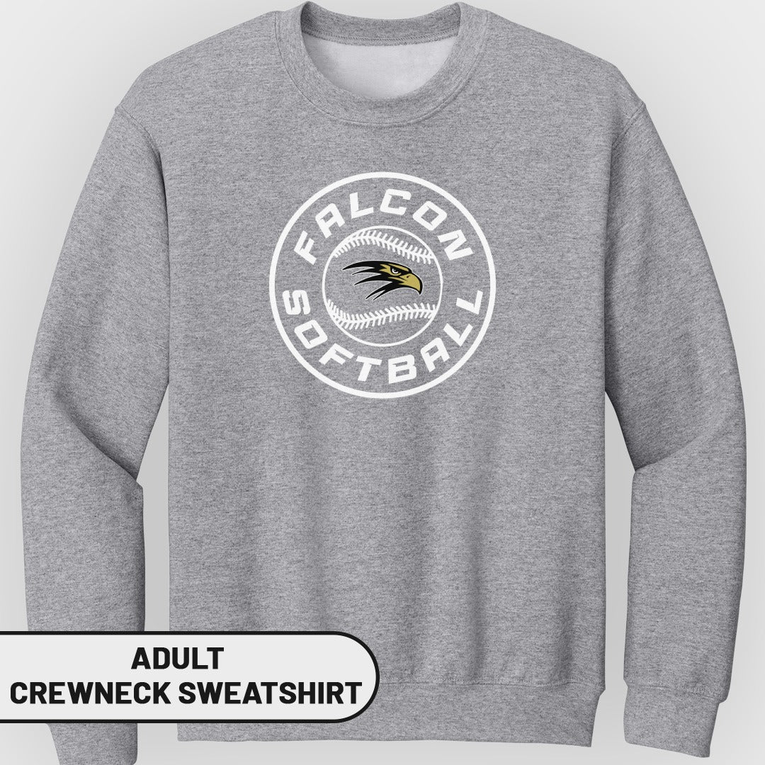 Gray adult crewneck sweatshirt with a Falcon Softball logo featuring a falcon head and baseball stitching.