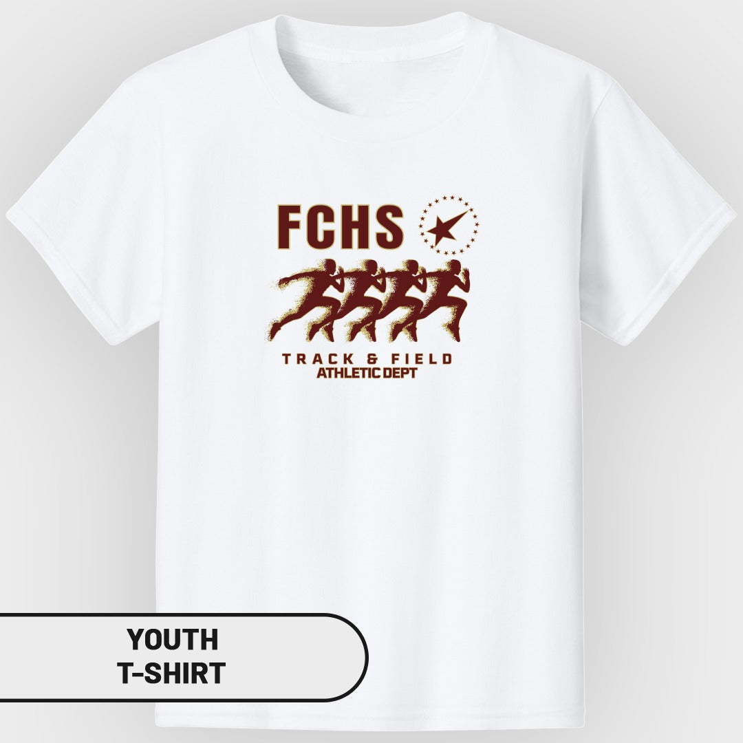 White youth t-shirt with FCHS Track & Field Athletic Dept graphic.