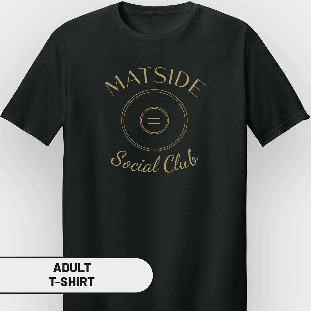 Black adult t-shirt with "Matside Social Club" text and wrestling circle logo.