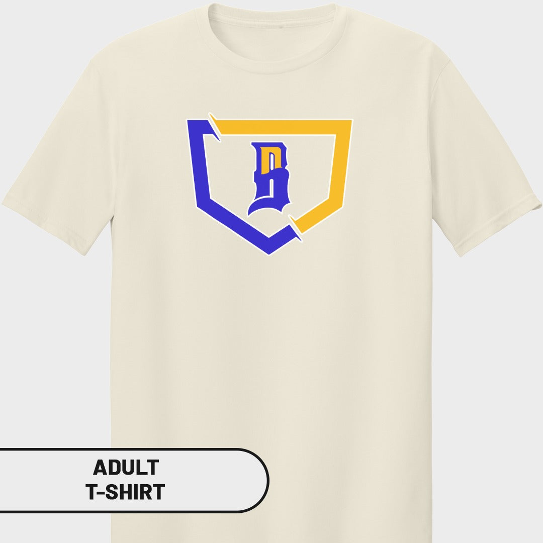 Cream t-shirt with blue and gold shield logo featuring a white 'B'.
