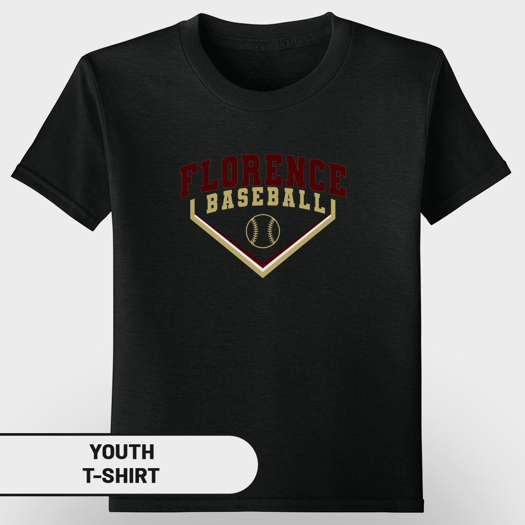 Black youth t-shirt with "Florence Baseball" text and a baseball graphic.