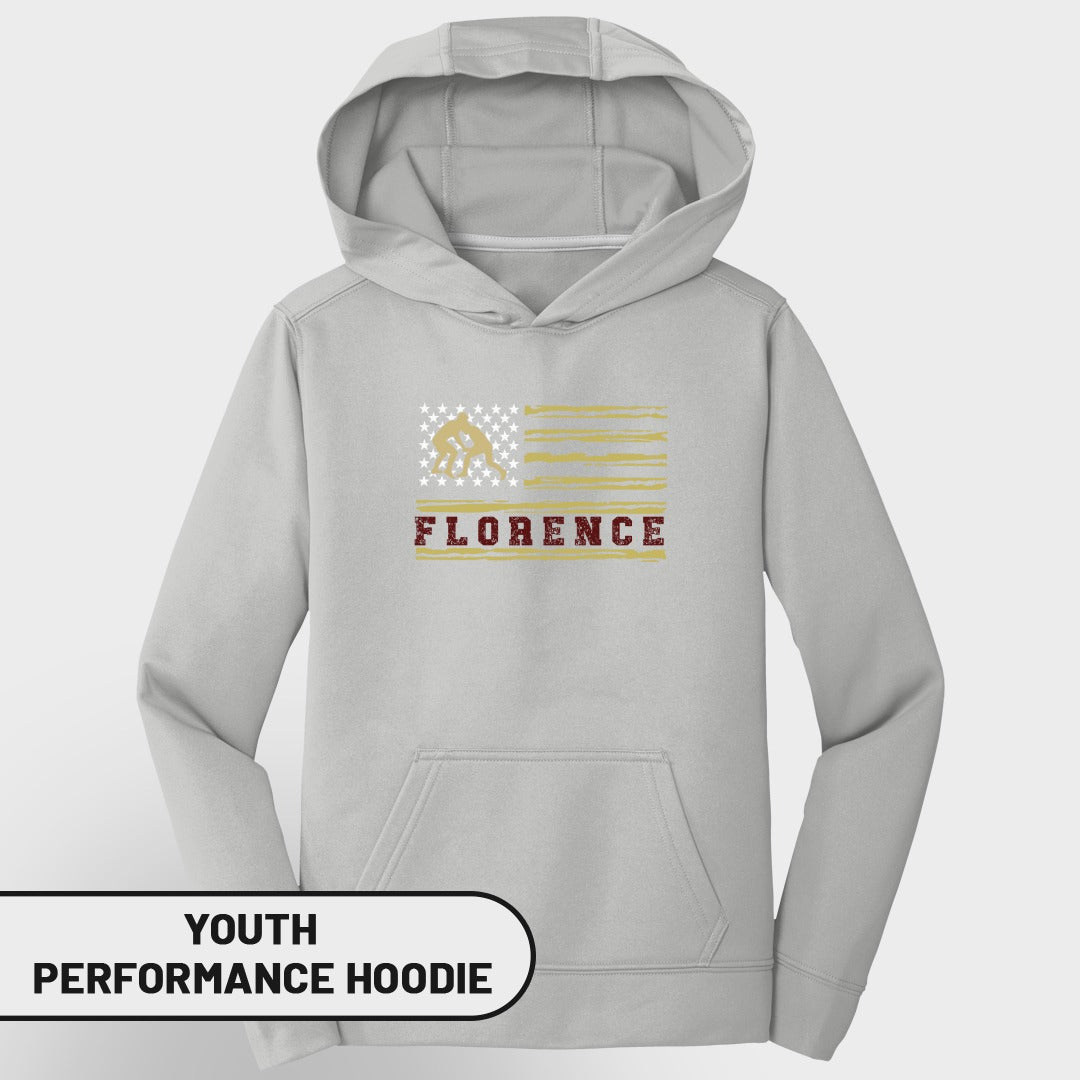 Light gray youth performance hoodie with distressed American flag graphic and "FLORENCE" text.