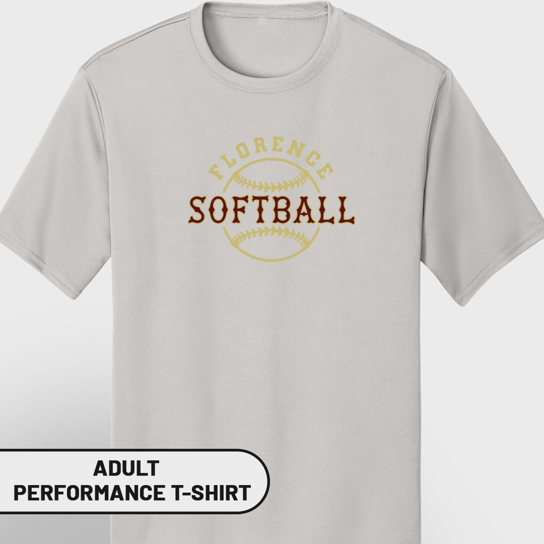 Light grey adult performance t-shirt with "FLORENCE SOFTBALL" and softball graphic.