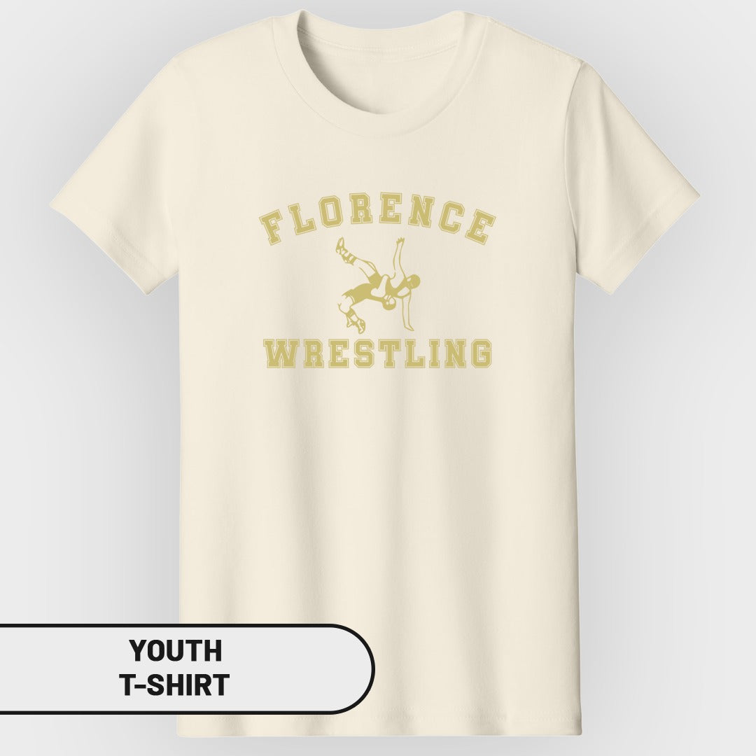 Youth t-shirt with "FLORENCE WRESTLING" text and a wrestling graphic.