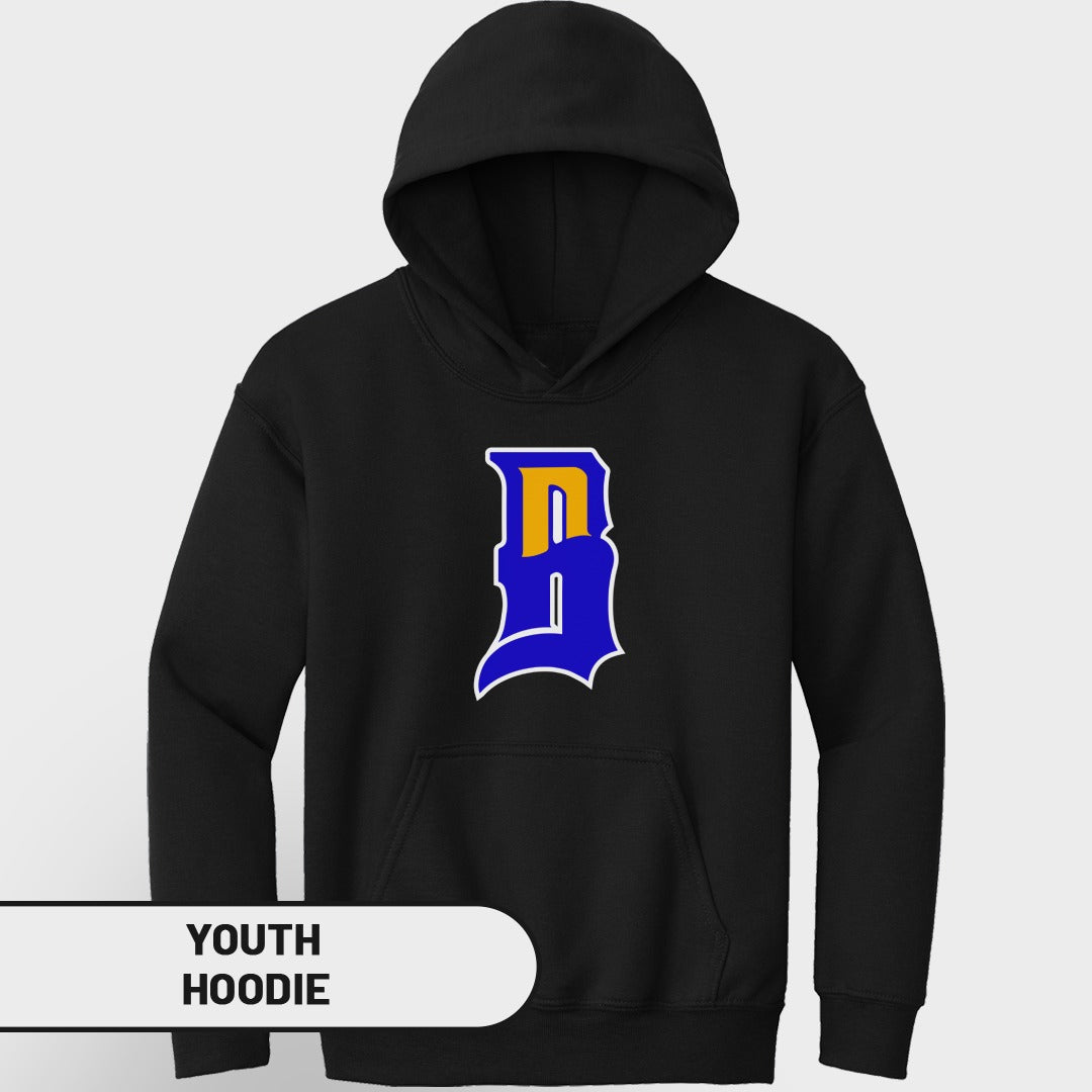 Black youth hoodie with blue and yellow "D" logo.