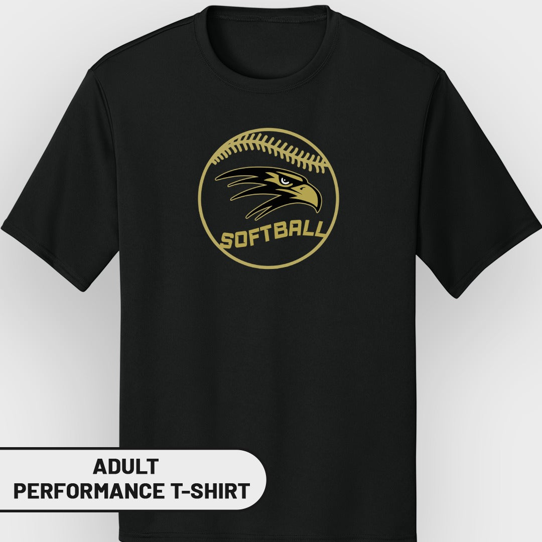 Black adult performance t-shirt with a gold softball emblem featuring an eagle head and "Softball" text.