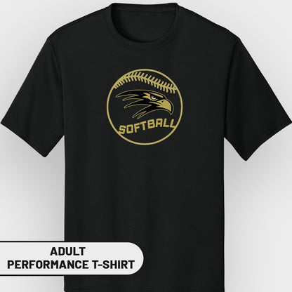 Black adult performance t-shirt with a gold softball emblem featuring an eagle head and "Softball" text.