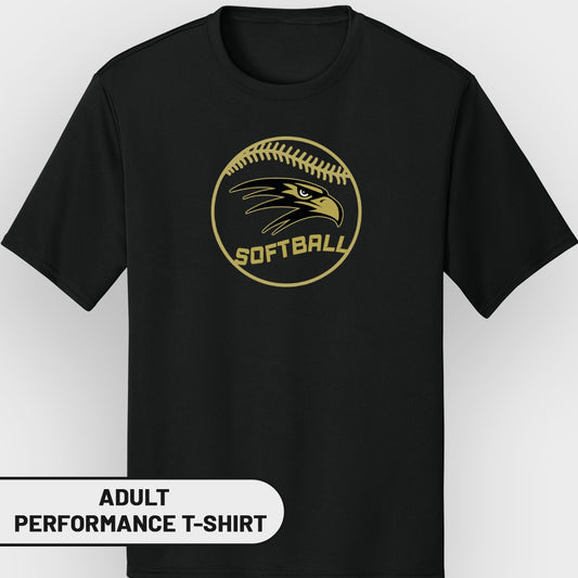 Black adult performance t-shirt with a gold softball emblem featuring an eagle head and "Softball" text.