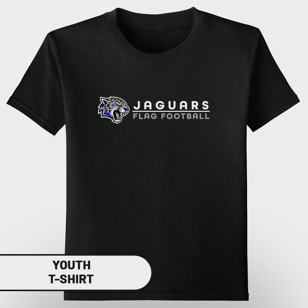 Black youth t-shirt with "JAGUARS FLAG FOOTBALL" and jaguar logo.
