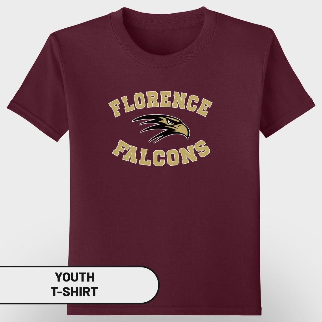 Maroon youth t-shirt with "Florence Falcons" and eagle logo.