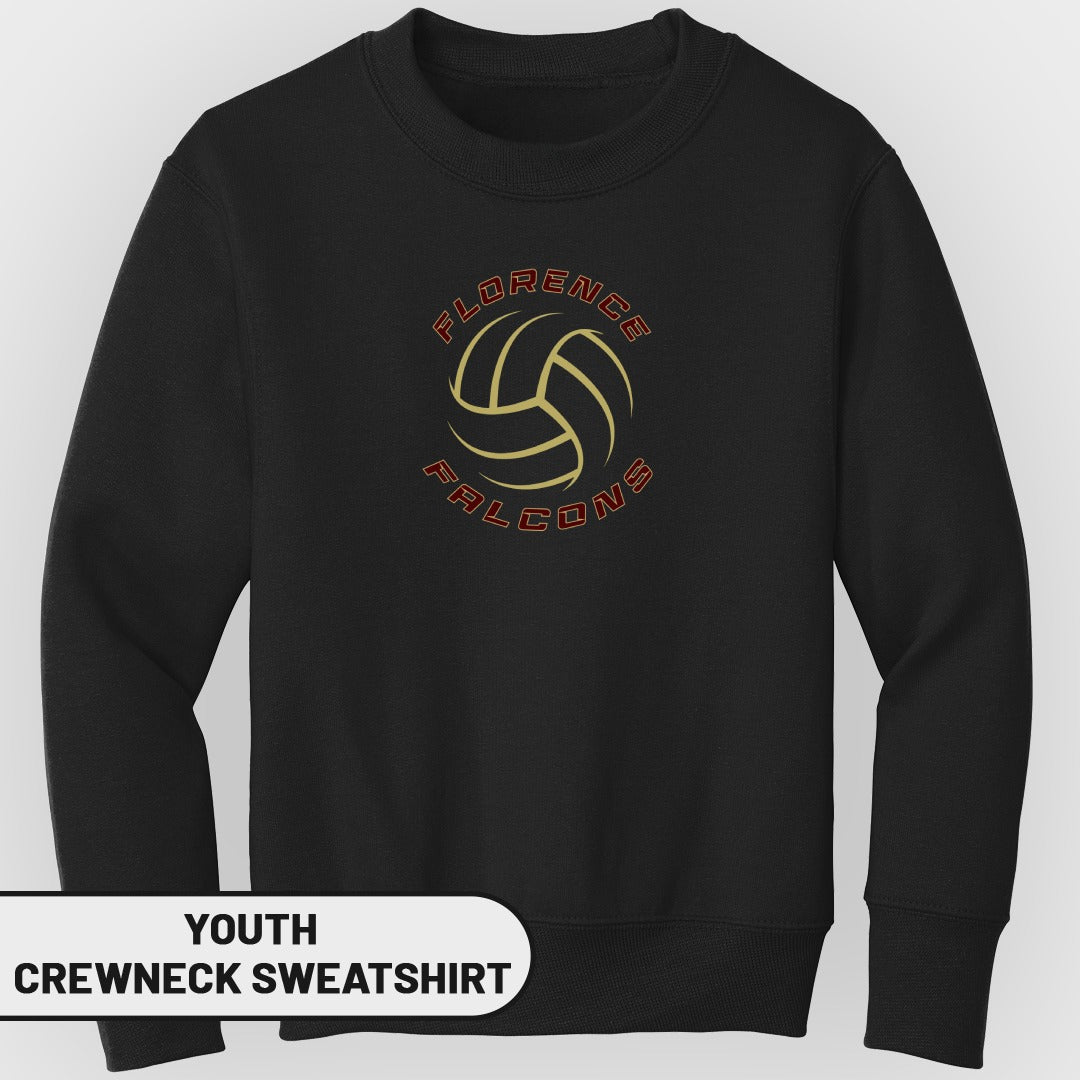 Black youth crewneck sweatshirt with "Florence Falcons" volleyball logo.