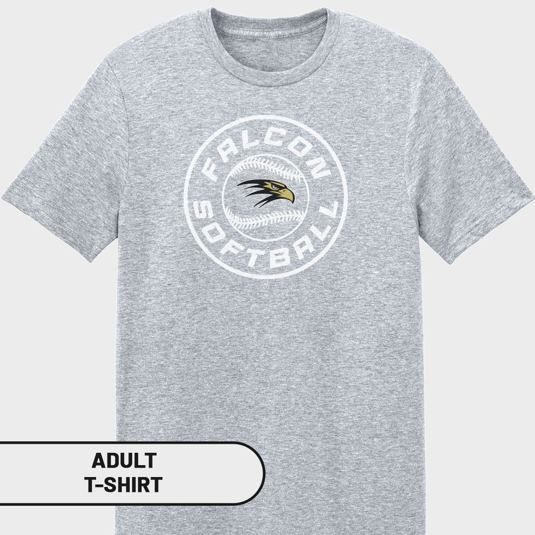 Adult grey t-shirt with white circular "Falcon Softball" logo featuring a falcon head and baseball.