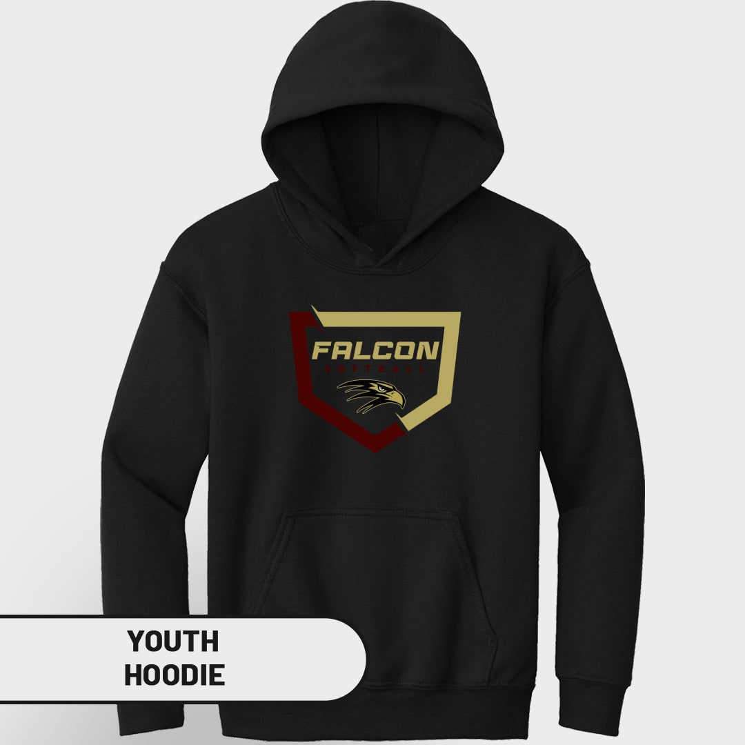 Black youth hoodie with a shield logo featuring the word "FALCON" and a falcon head.