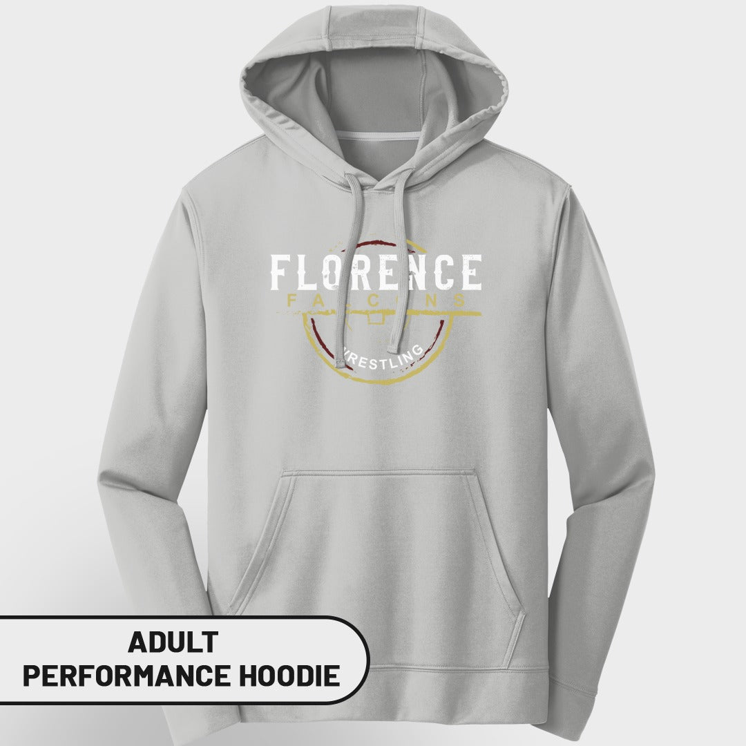 Light grey adult performance hoodie with "Florence Falcons Wrestling" logo.
