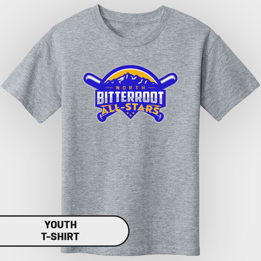 Youth t-shirt featuring "North Bitteroot All-Stars" logo with crossed baseball bats.