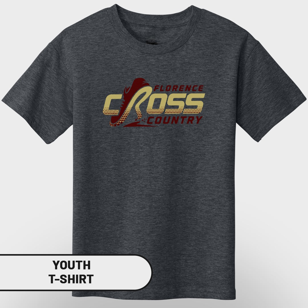 Dark gray youth t-shirt with "Florence Cross Country" graphic and running shoe.