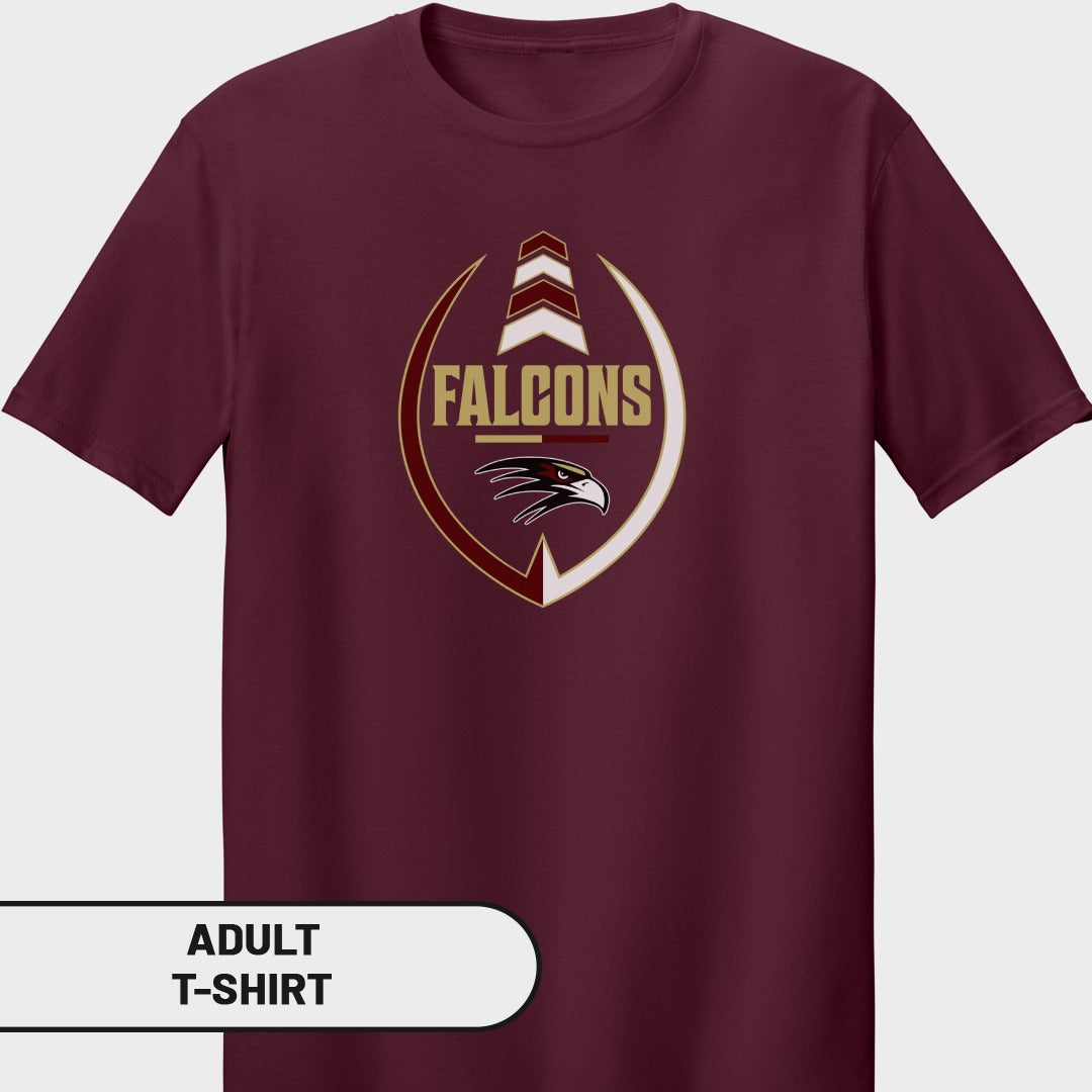 Maroon adult t-shirt with oval Falcons logo featuring a hawk head.