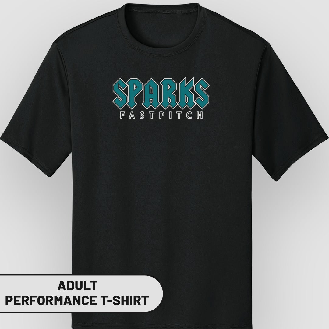 Black t-shirt with "SPARKS FASTPITCH" logo.