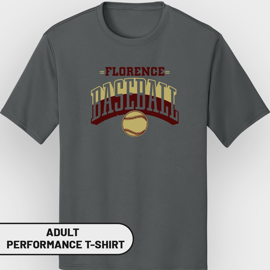 Adult performance t-shirt with "Florence Baseball" and baseball graphic.
