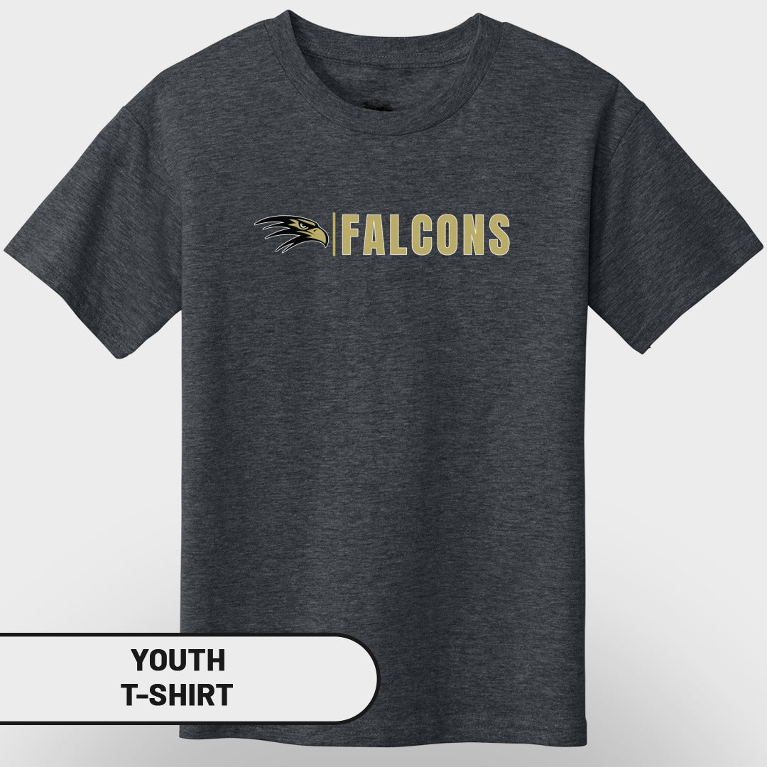 Dark grey youth t-shirt with gold "FALCONS" text and falcon logo.