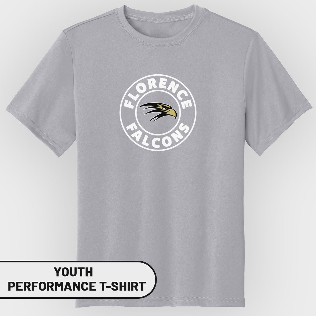 Grey youth performance t-shirt with "Florence Falcons" logo and eagle graphic.