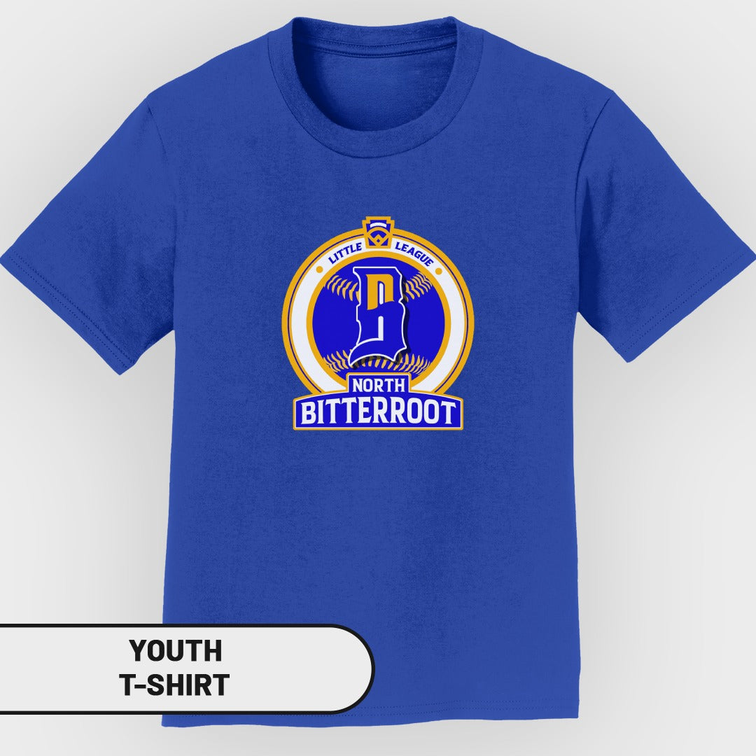 Blue youth t-shirt with North Bitterroot Little League logo.