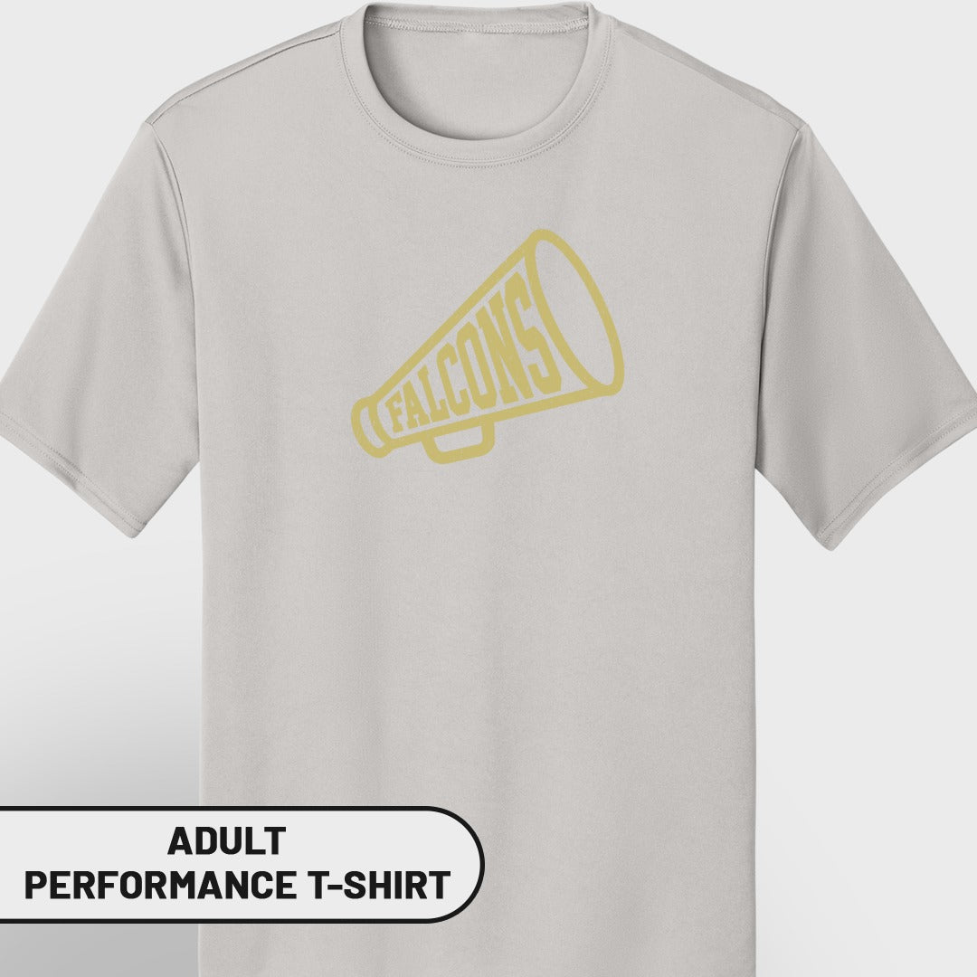Light gray adult performance t-shirt with yellow "FALCONS" megaphone graphic.