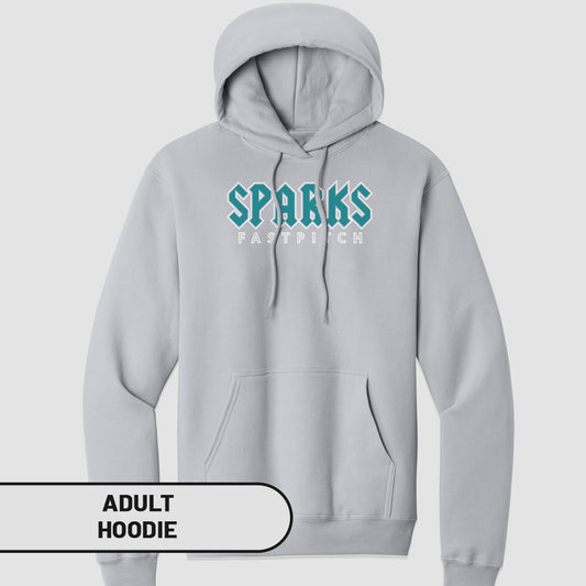 Light grey hooded sweatshirt with "SPARKS FASTPITCH" in teal and white lettering.