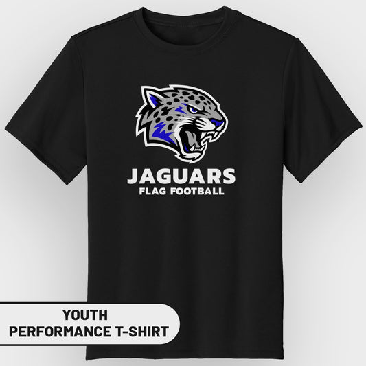 Black t-shirt with Jaguars flag football logo and text.