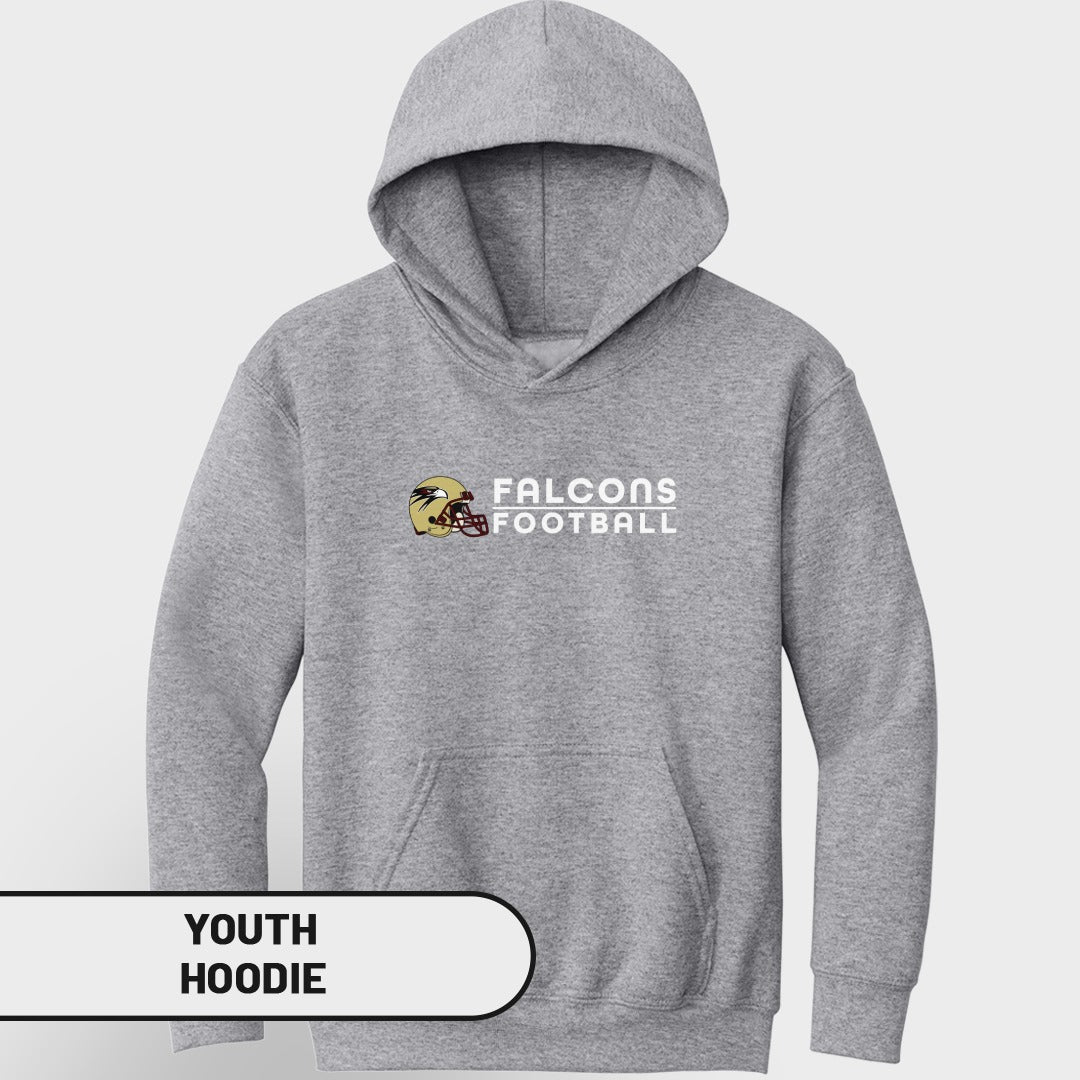 Grey youth hoodie with "Falcons Football" text and helmet graphic.